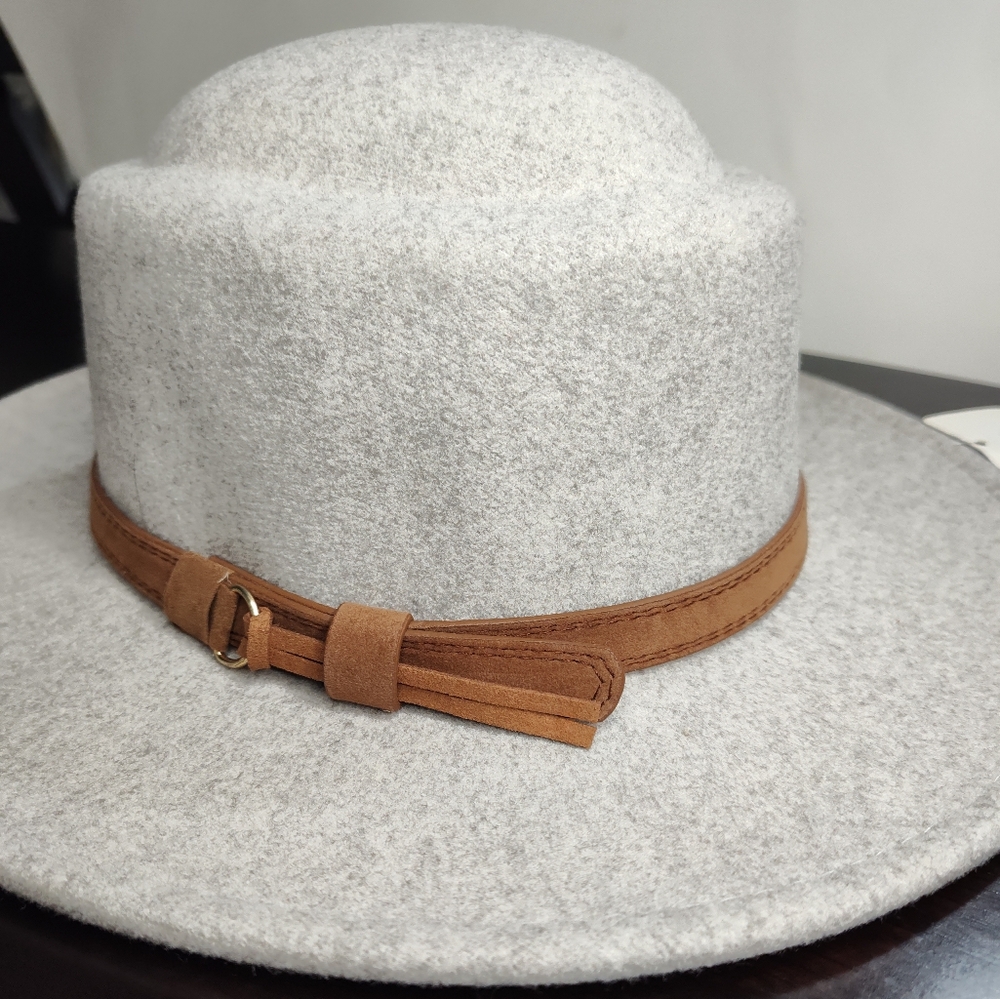 Fadivo Gray Wide Brim Fedora Hat Tan Band Boho Style NWT OS - Picture 5 of 10
